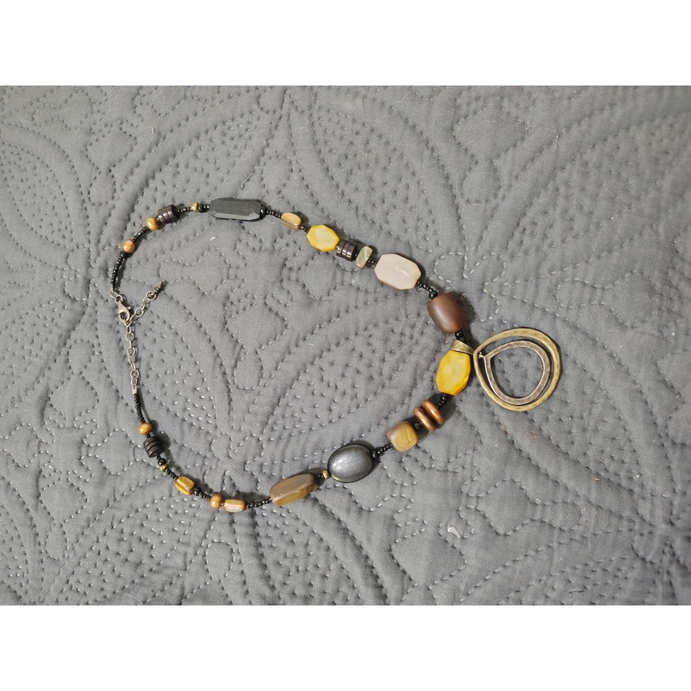 Boho Beaded Statement Necklace Mixed Earth Tones Brass‎ Double Hoop Pendant 20in